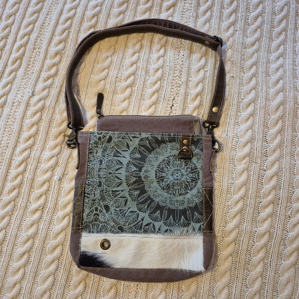 Myra Bag Teal Boho Shoulder Bag Canvas Cowhide Crossbody Leather Purse